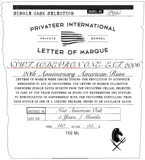 Label: Letter of Marque — Nswtacdevron One Est. 2006 20TH Anniversary American Rum